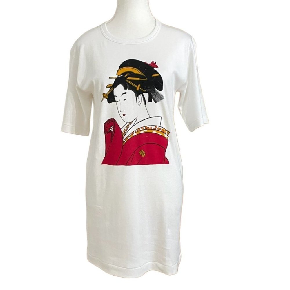 ICHIBAN WHITE ASIAN GRAPHIC PRINT MADE IN JAPAN SHORT SLEEVE TUNIC SHIRT DRESS